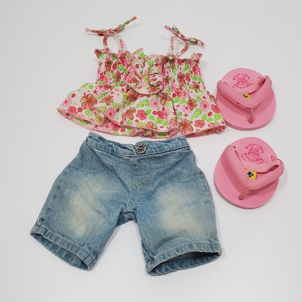 Build A Bear BAB Floral Tank Top Shirt W/ Denim Jeans Pants & Pink Flip Flops